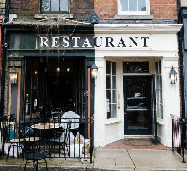 before and after of a restaurant facade cleaned with gentle methods