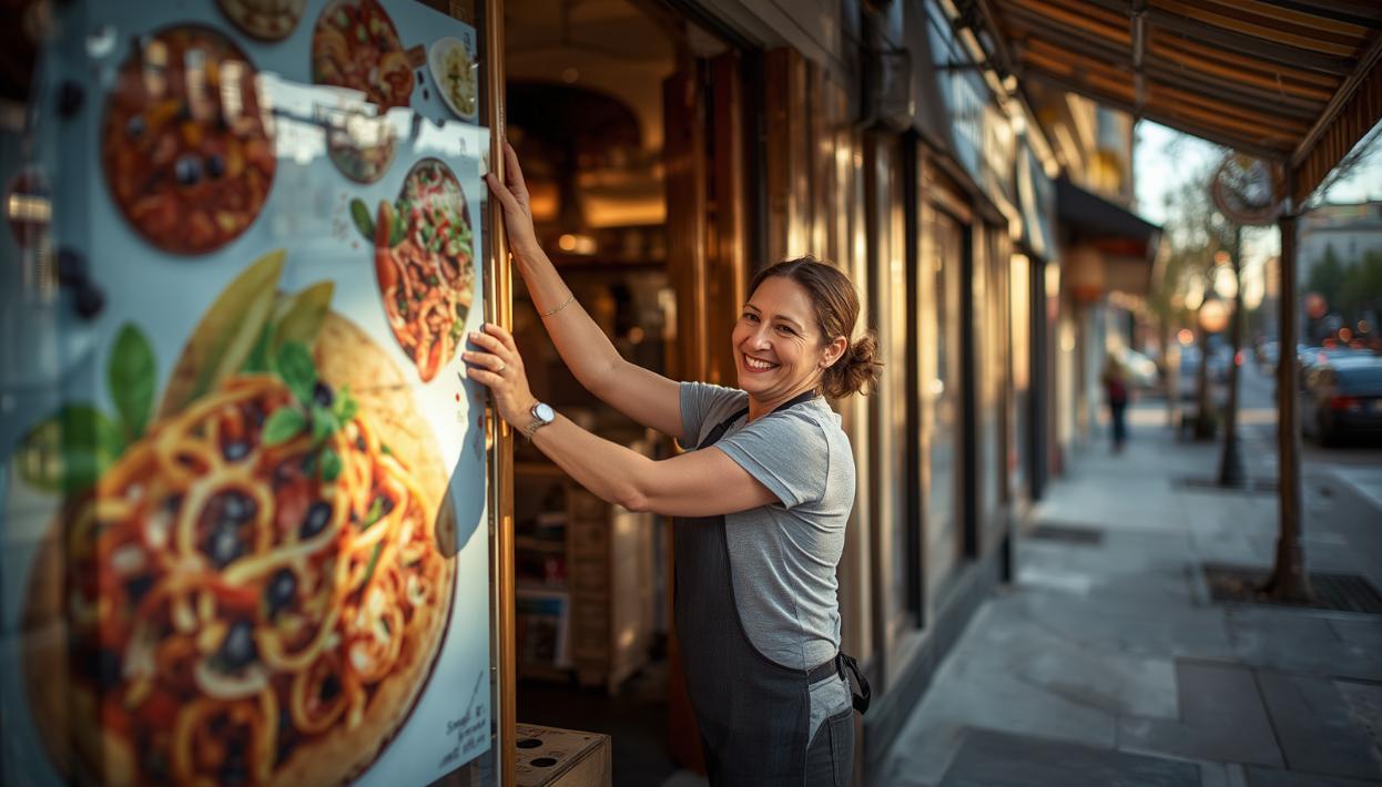 A restaurant owner proudly displays a vivid food poster outside her city eatery.